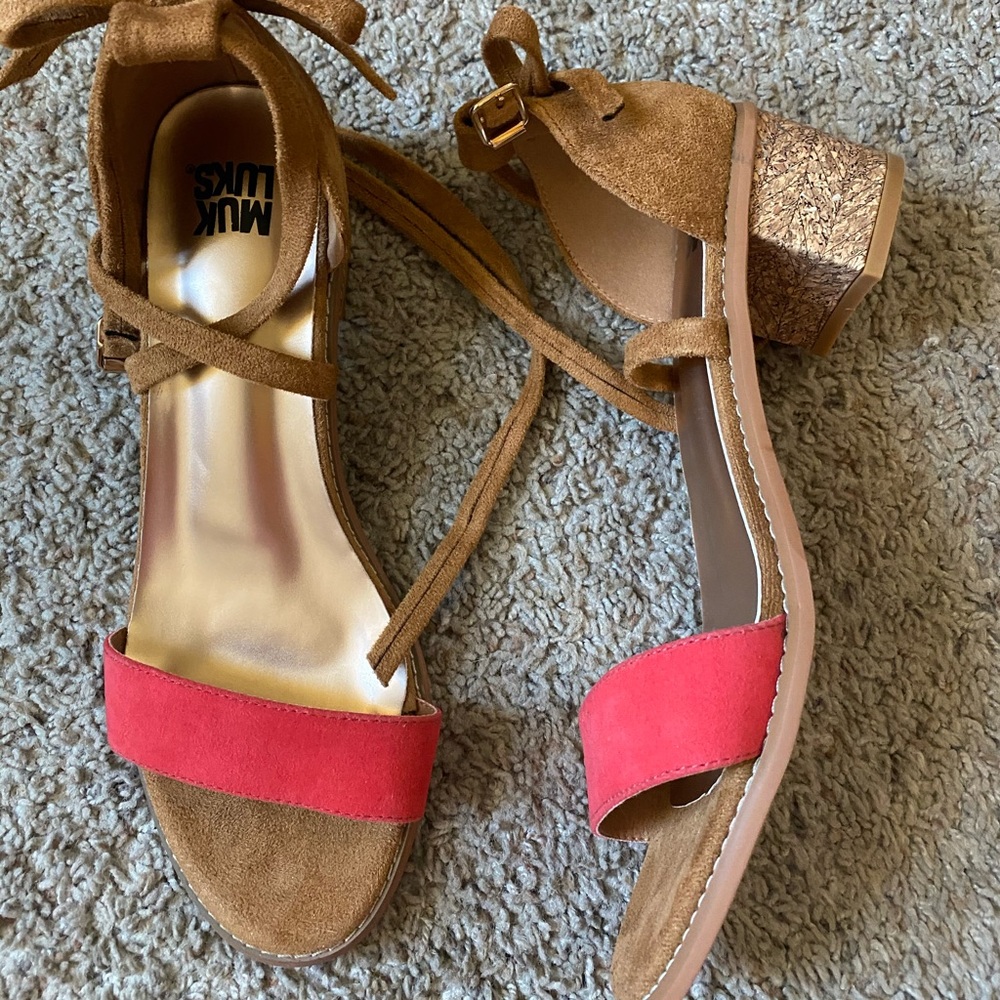 Camel and coral sandals
